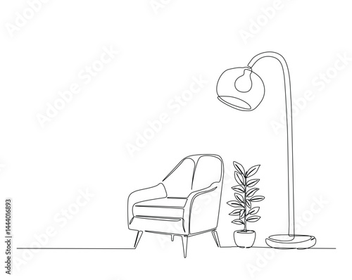 Interior furniture, Armchair, sofa, houseplant, and floor lamp outline drawing illustration. one continuous line drawing of Home interior.
