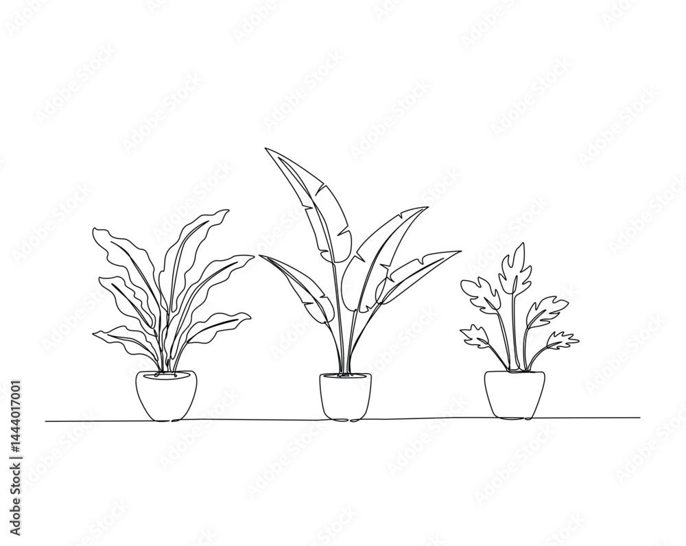 Obraz premium Potted houseplant, garden plant outline drawing illustration. one continuous line drawing of houseplant.
