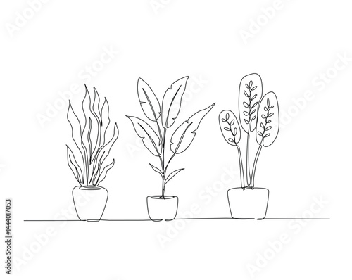 Potted houseplant, garden plant outline drawing illustration. one continuous line drawing of houseplant.