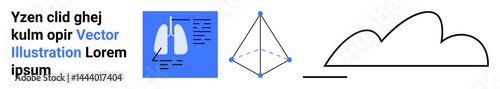 Lungs diagram with medical text, 3D geometric shape with connection points, abstract cloud outline. Ideal for healthcare, research, technology, data science, cloud computing, education simple