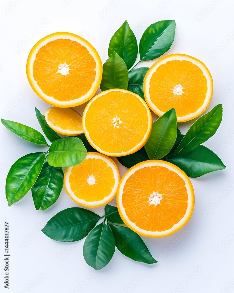 Slices of juicy oranges arranged with vibrant green leaves on a white background Slices of juicy oranges arranged with vibrant green leaves on a white background