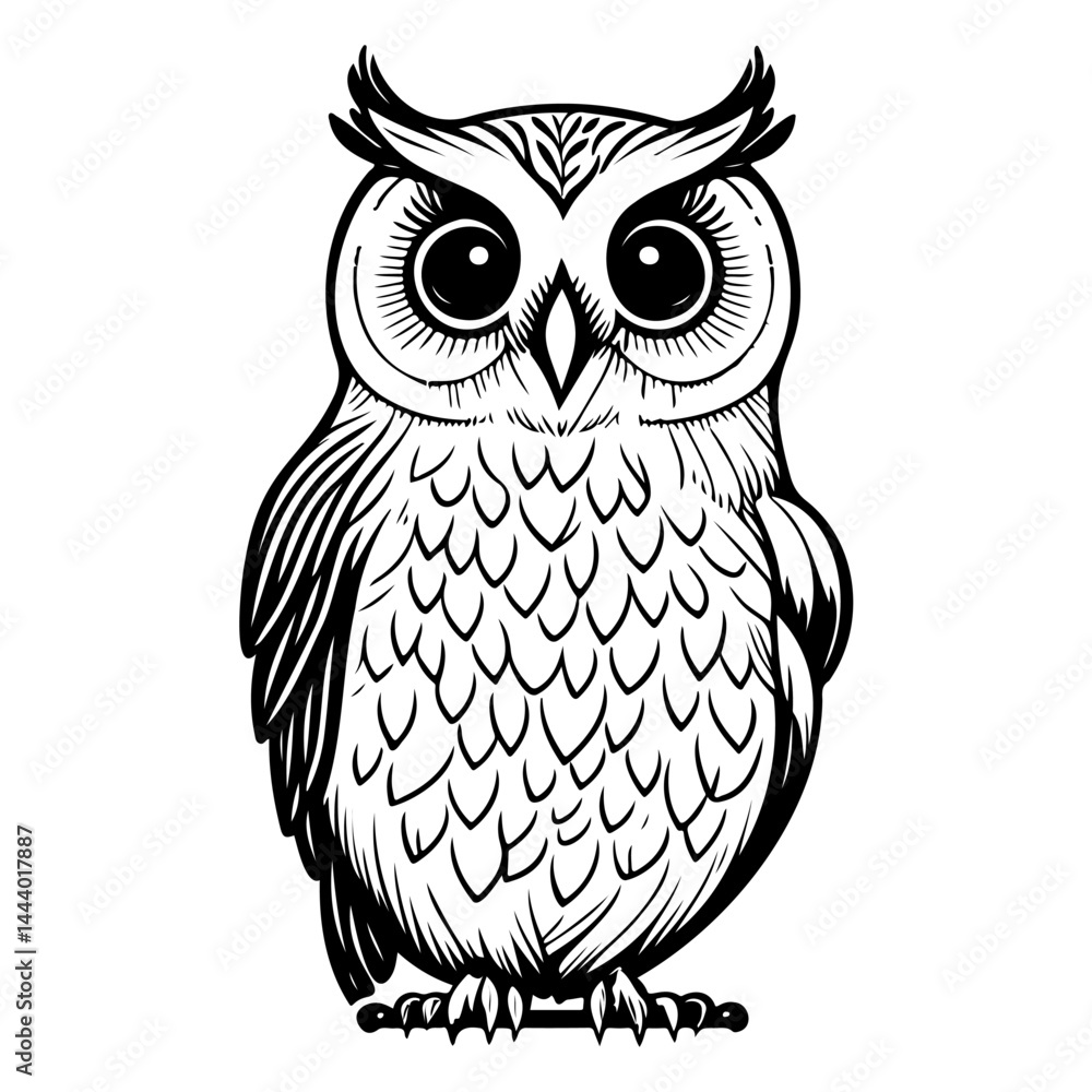 Fototapeta premium Stylized owl illustration showcasing intricate feather details and expressive eyes