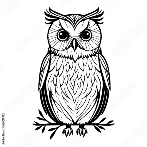 Stylized nocturnal raptor illustration in monochrome line art over branch
