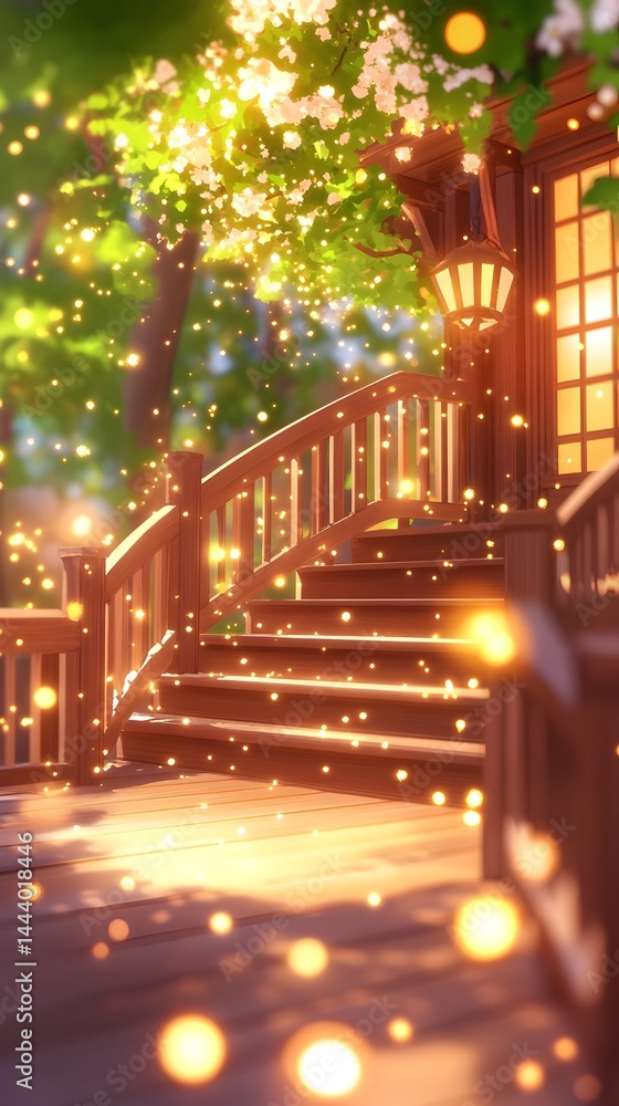 Sunlit wooden stairs leading to a cozy house, surrounded by glowing particles and lush greenery Sunlit wooden stairs leading to a cozy house, surrounded by glowing particles and lush greenery