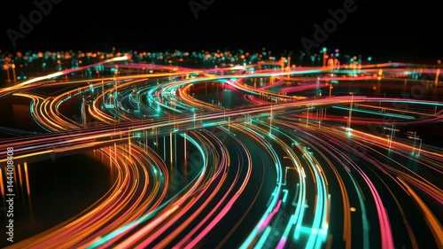 Colorful neon light trails curve and intersect dark background, creating dynamic, futuristic cityscape with glowing lines and vibrant energy, while abstract neon glowing lines symbolize technology