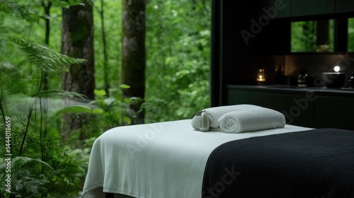 Tranquil spa treatment room with forest view