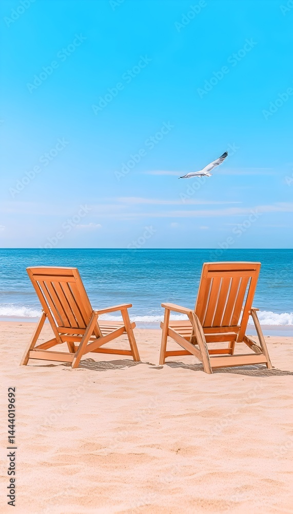Two wooden beach chairs face ocean; a seabird flies overhead on a sunny day Two wooden beach chairs face ocean; a seabird flies overhead on a sunny day