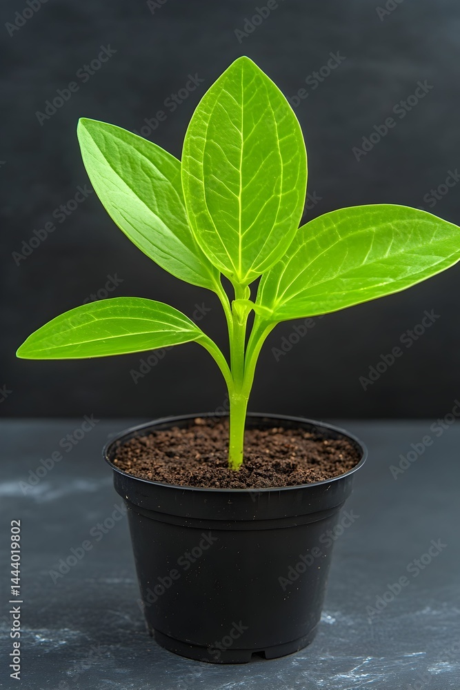 Vibrant green seedling in a small black pot against a dark background Vibrant green seedling in a small black pot against a dark background
