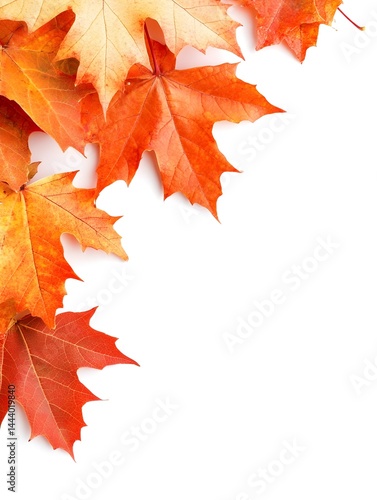 Vibrant orange and red autumn maple leaves arranged in a corner border on a white background