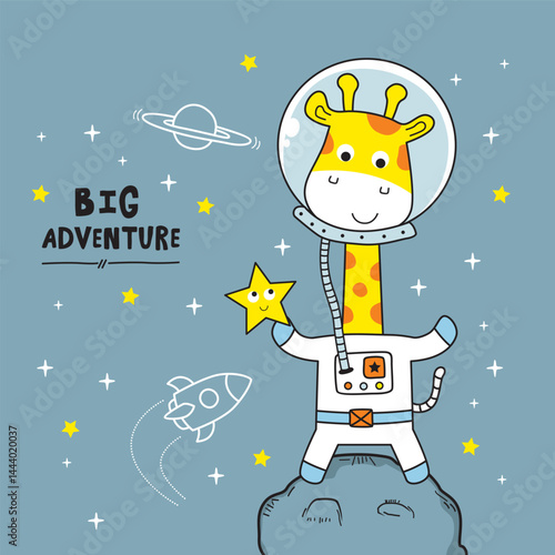 Cartoon giraffe in white astronaut suit standing on space rock holding smiling star surrounded by rocket and planets on blue background. Outer space adventure concept
