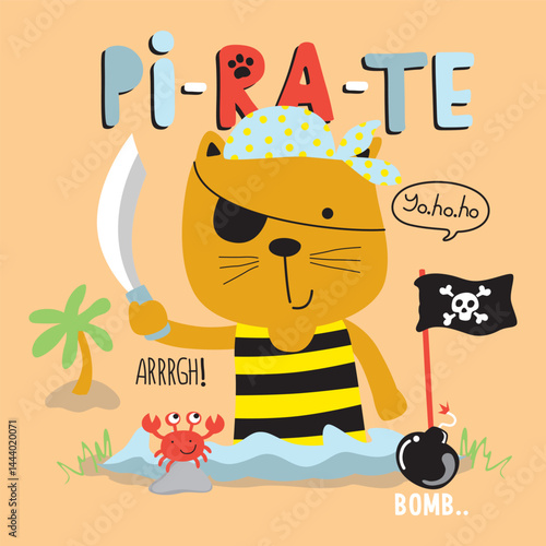 Cartoon cat dressed as pirate with sword eyepatch and pirate flag standing in ocean near crab and island on peach background. Adventure quest concept
