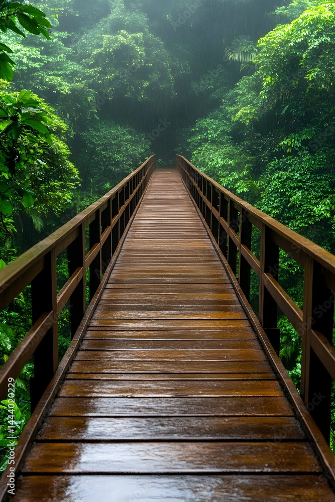 Wet wooden bridge extending into a misty, lush green forest Wet wooden bridge extending into a misty, lush green forest