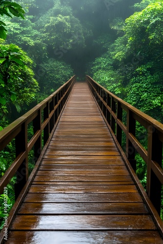 Wet wooden bridge extending into a misty  lush green forest