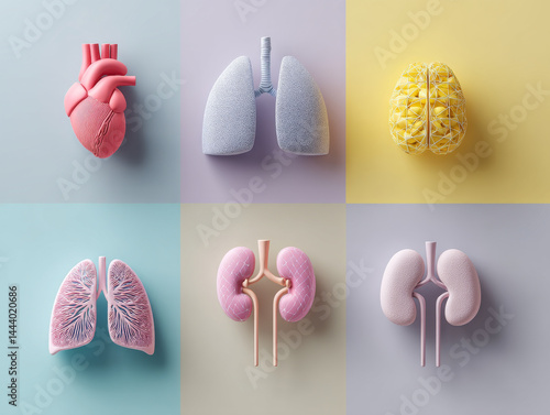 3D icons of human organs including heart, lungs, brain, liver, and kidneys in pastel colors
