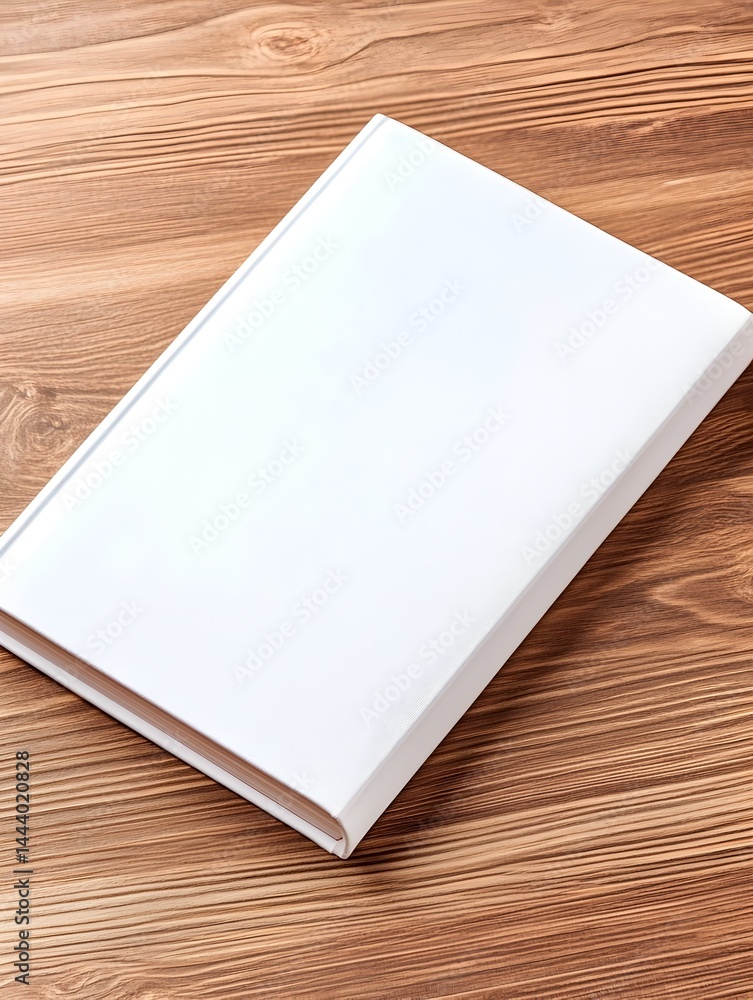 A blank, white hardcover book rests on a light brown wooden surface A blank, white hardcover book rests on a light brown wooden surface