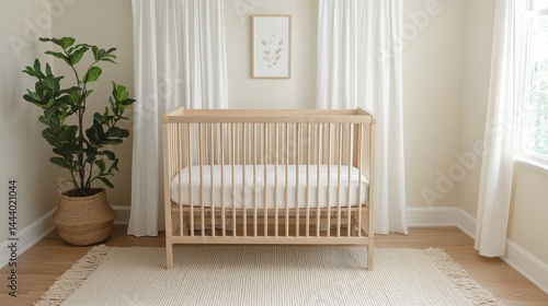 Modern Minimalist Nursery with Crib and Natural Elements in Soft, Calming Color Palette and Natural Light