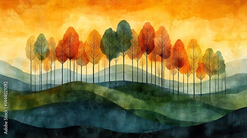 Autumn trees on rolling watercolor hills