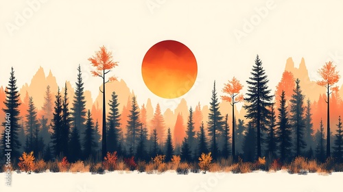Forest sunrise or sunset illustration backdrop