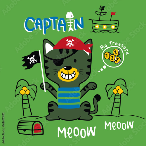 Cartoon pirate cat smiling with eyepatch on tropical island near treasure chest and ship. Adventure concept
