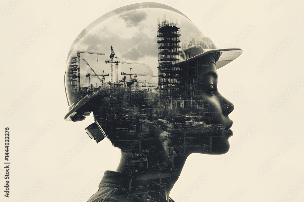 Creative illustration of construction engineer with digital background symbolizing innovation, planning, and modern technology
Creative illustration of construction engineer with digital background symbolizing innovation, planning, and modern technology