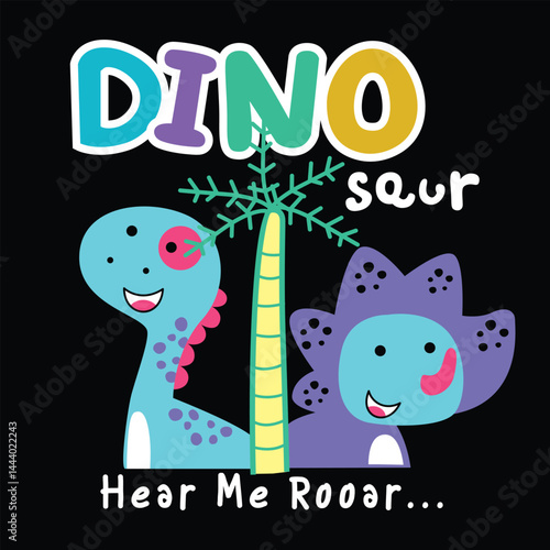 Cute cartoon dinosaurs standing behind palm tree with colorful roar text on black background. Kids concept
