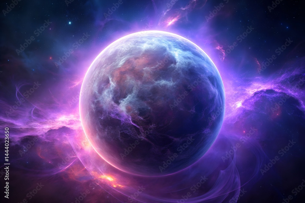 Obraz premium Glowing purple planet surrounded cosmic clouds and vibrant space energy
