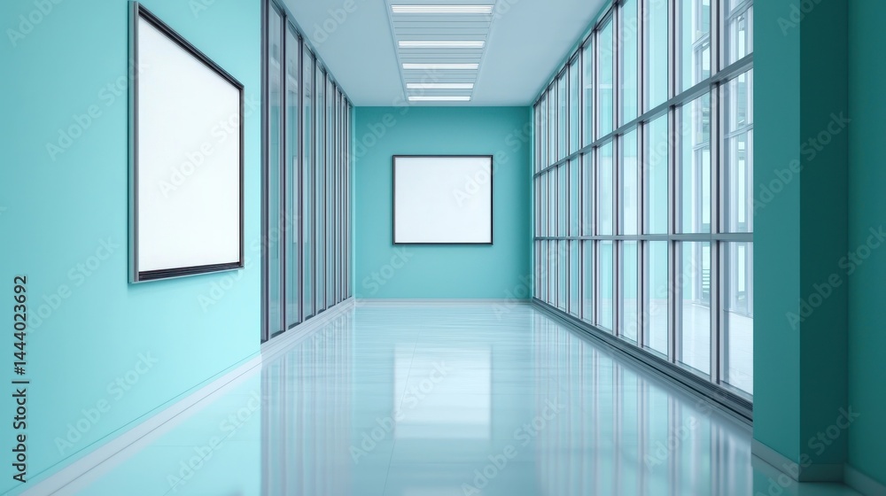 Obraz premium Modern Art Gallery Interior with Turquoise Walls and Empty Frames in Bright Natural Light