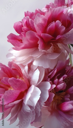 symphony of vibrant pink and white the delicate beauty of peony blossoms fully against pristine white backdrop its velvety petals radiating an aurof tranquility