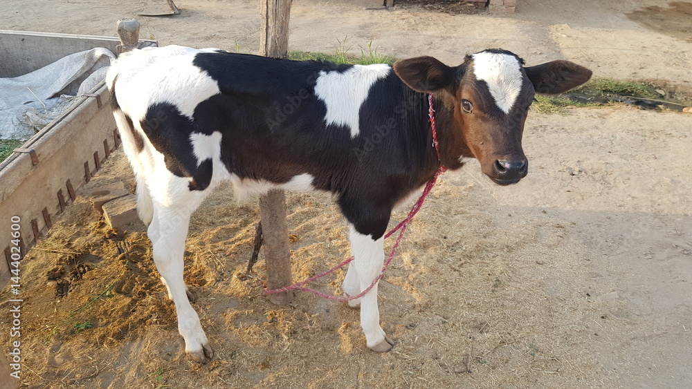 Black and White Calf Standing on Sandy Ground Black and White Calf Standing on Sandy Ground