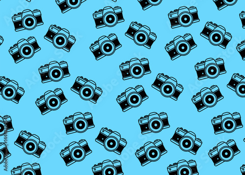 An Analogue camera illustration pattern with blue background, brand packaging, product illustration hand drawn print ads, electronics business, camera