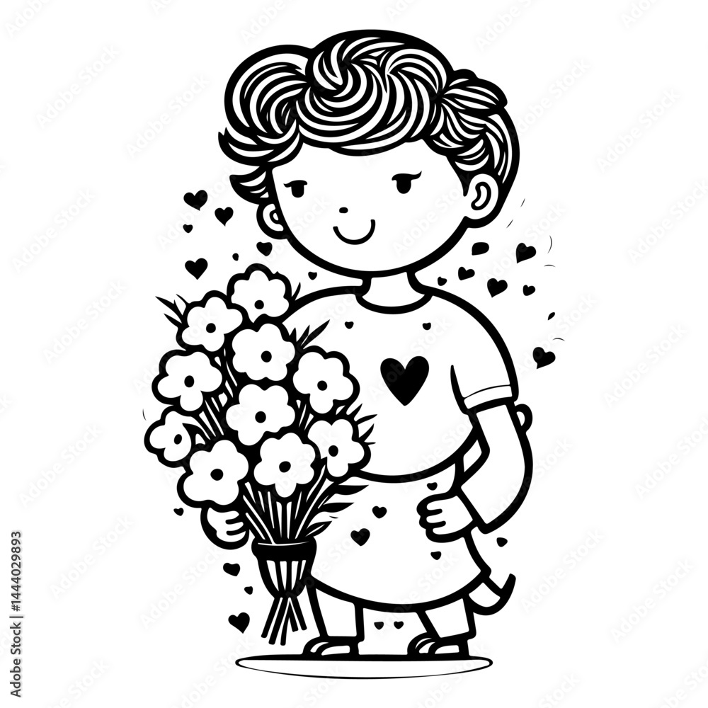 Whimsical illustration of a child with flowers surrounded by hearts design Whimsical illustration of a child with flowers surrounded by hearts design