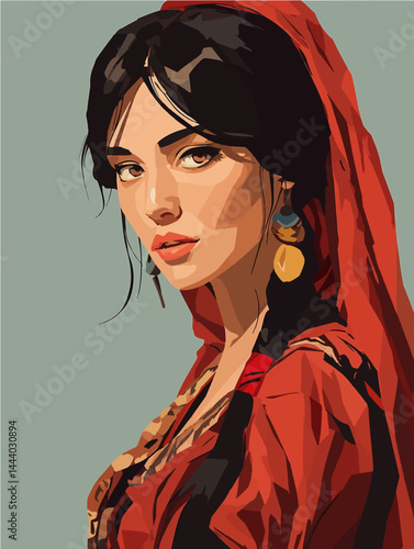 Elegant Woman in Red Headscarf – Modern Portrait Style
