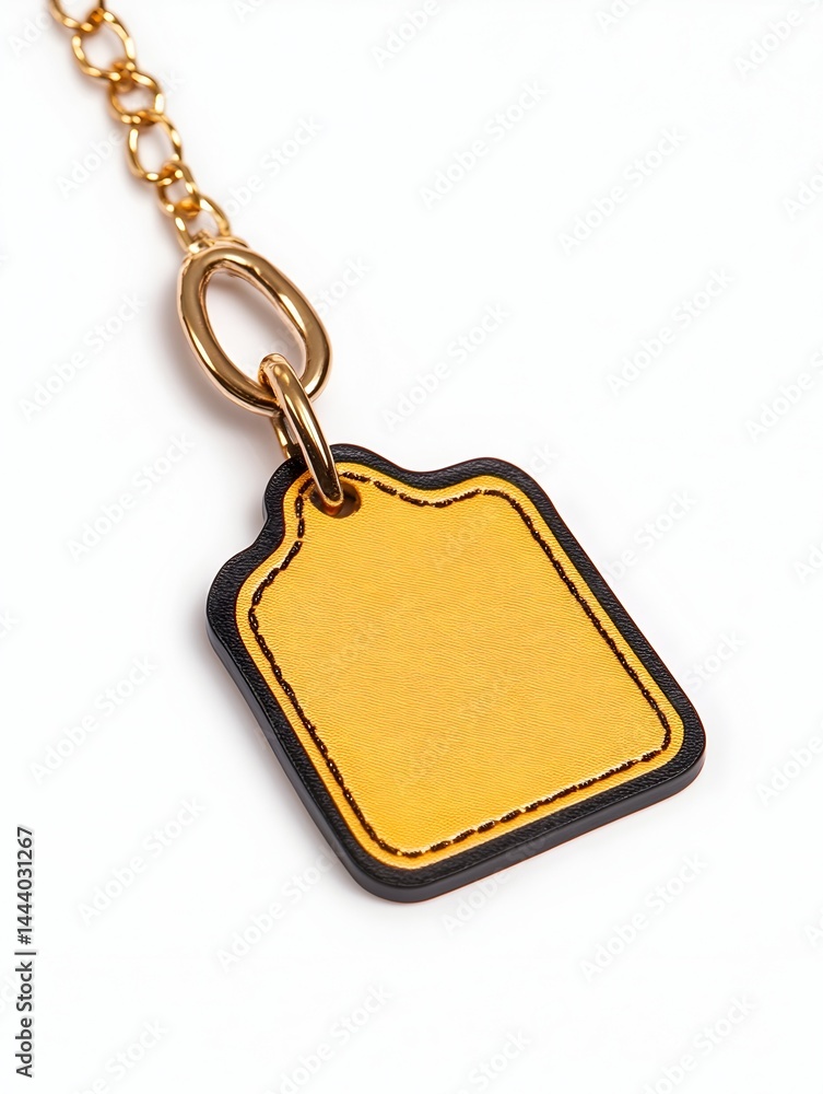 Fototapeta premium Mustard yellow leather tag with black trim, attached to a gold chain