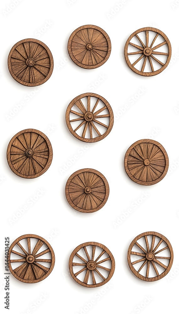 Fototapeta premium Nine miniature wooden wagon wheels arranged in a grid on a white background