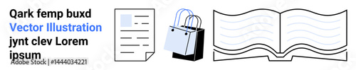 Shopping bags, open book, and document highlight retail, study, and communication. Ideal for education, e-commerce, learning, publishing marketing content creation flat landing page banner