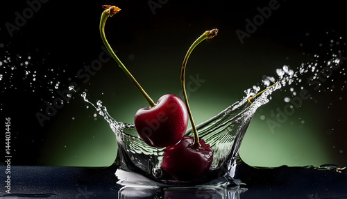 Elevate your creative projects with this vibrant, high-resolution cherry photography showcasing a powerful liquid explosion. Capturing the perfect moment when juicy cherries collide with splashing wat