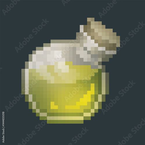 yellow lemon potion round bottomed bottle in pixel art style with isolated background