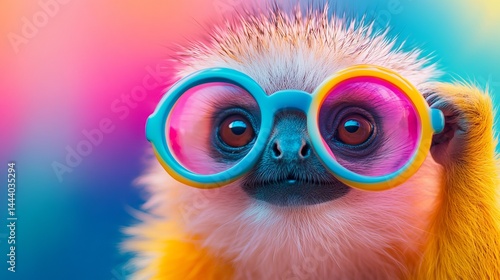 Adorable Monkey Wearing Colorful Sunglasses Vibrant Rainbow Background Playful Primate Portrait Cute Animal Photography Fun Summer Mood Bright Tropical Colors Happy Little Monkey  