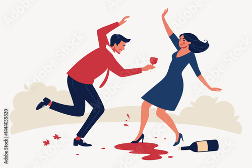 A hilariously clumsy couple, intoxicated, spills red wine while attempting a passionate, yet disastrous, dance.  Capture the chaotic joy and mess.