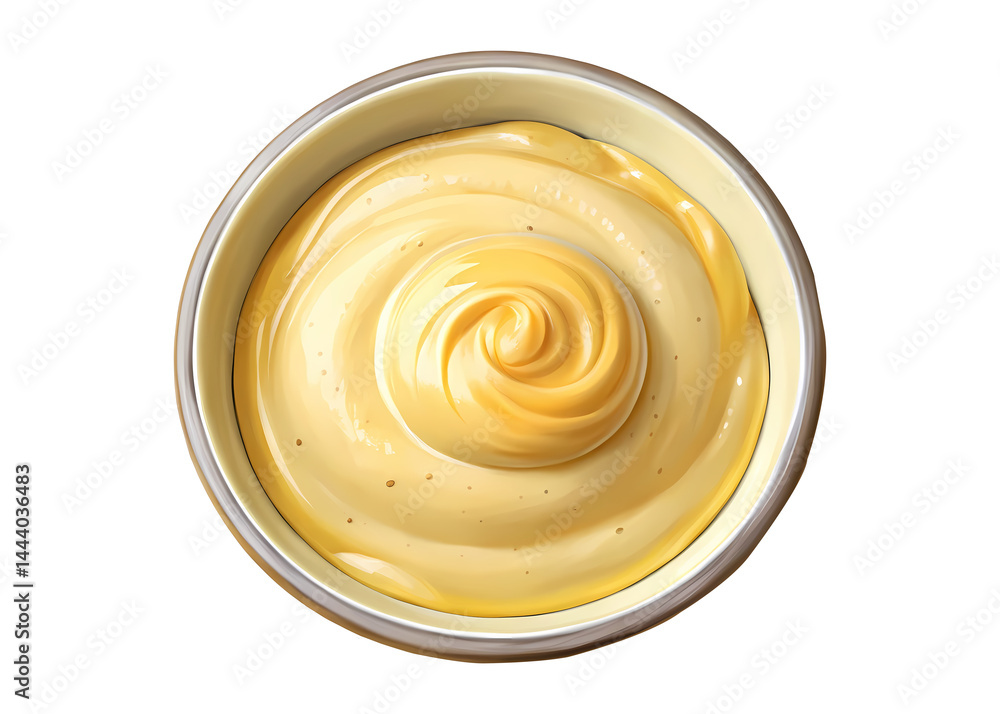 Top view of a bowl filled with golden yellow creamy custard dessert Top view of a bowl filled with golden yellow creamy custard dessert