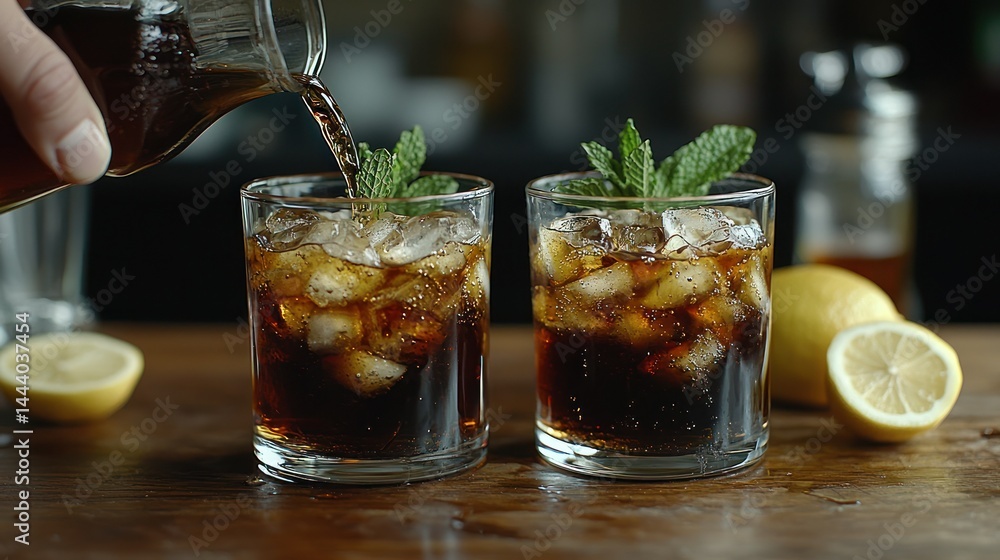 Two refreshing drinks being poured