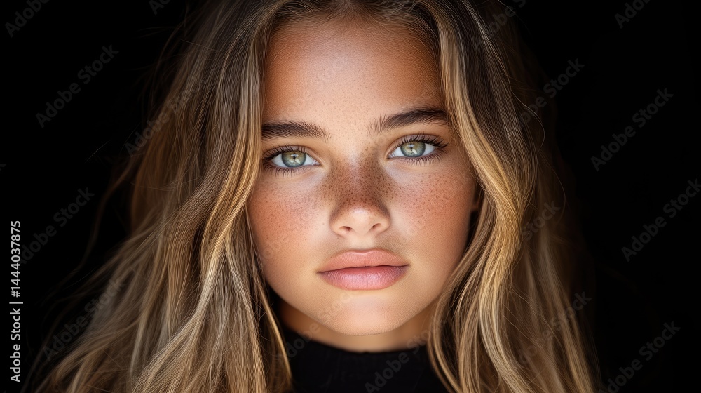 Obraz premium Close-up portrait of a young woman with flawless skin and bright eyes. Natural beauty, healthy glow, and confident expression