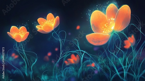 Glowing floral dreamscape with mystical orange flowers and tendrils