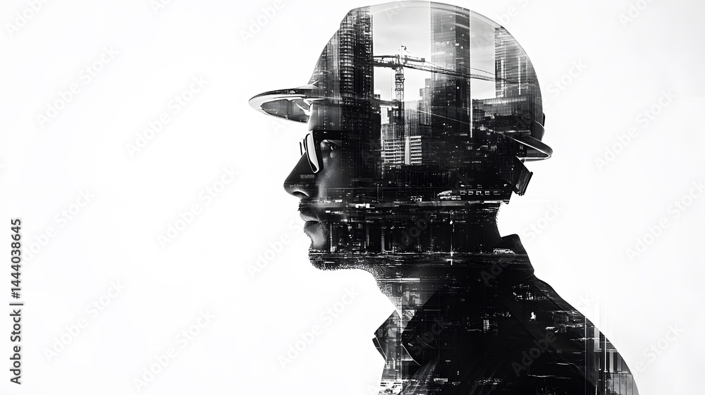 Double Exposure of Engineer on Construction Site in Urban Setting,
Double Exposure of Engineer on Construction Site in Urban Setting,
