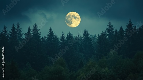 Mystical full moon over a tranquil evergreen forest landscape at twilight
