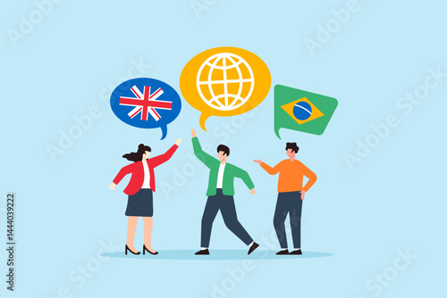 Flat illustration of diverse people using different languages with global icons for multilingual communication and connection
