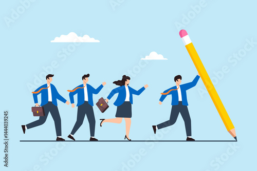 Flat illustration of business leader guiding team by drawing path line with large pencil for leadership vision and achieve success
