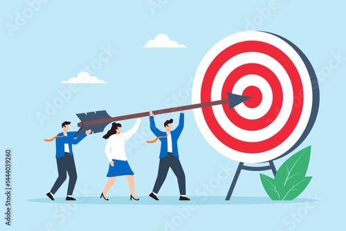 Flat illustration of business team pushing giant arrow to hit bullseye target for corporate mission and team success