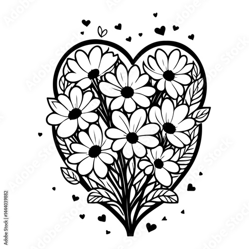Floral Heart: Dainty Daisies and Hearts in a Black and White Arrangement