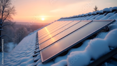 Solar panels covered in light frost during a winter sunrise on a slanted roof
